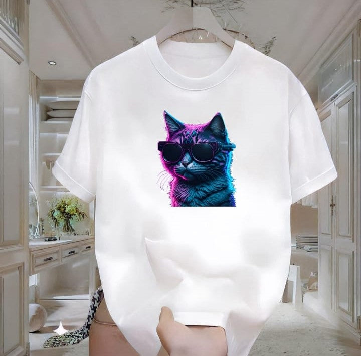 Beyaz Kedi Baskılı Tshirt